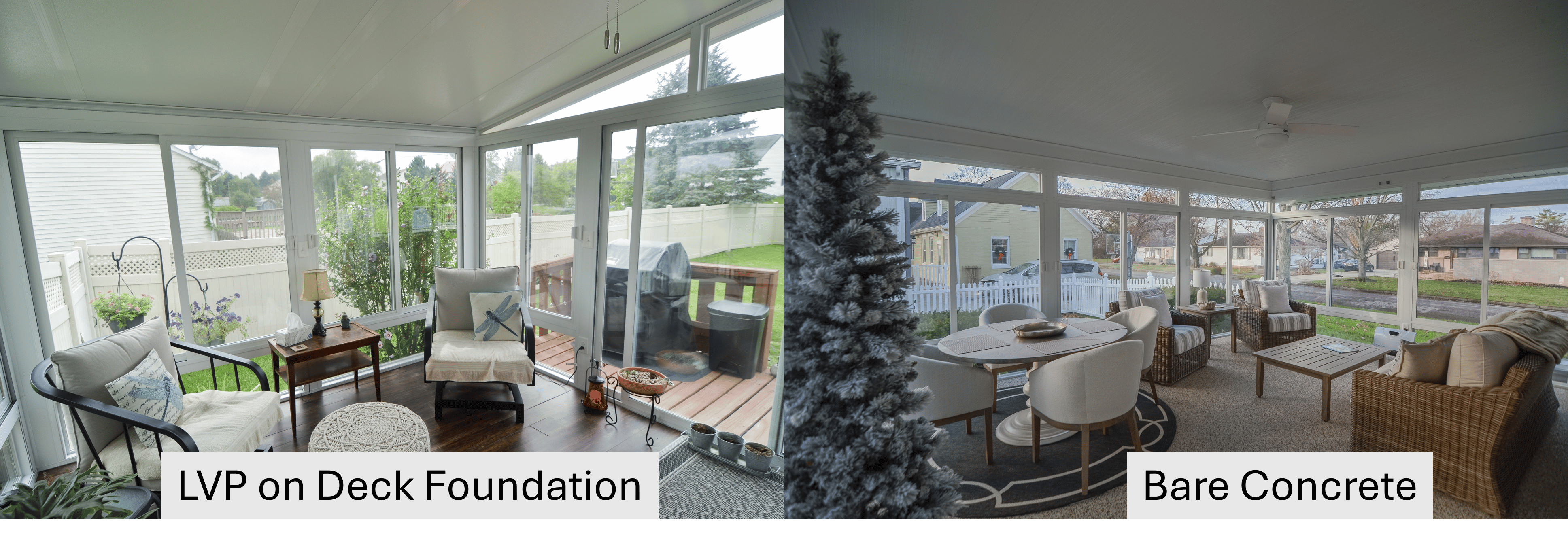 Two images showing possible flooring choices for in a sunroom